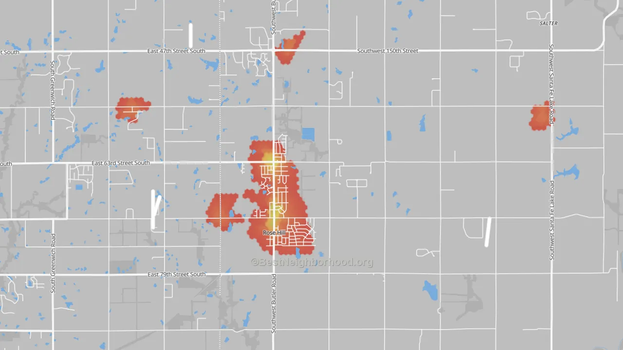 Walk Grade map of Rose Hill, KS, walkable areas in green and car-dependent areas in red