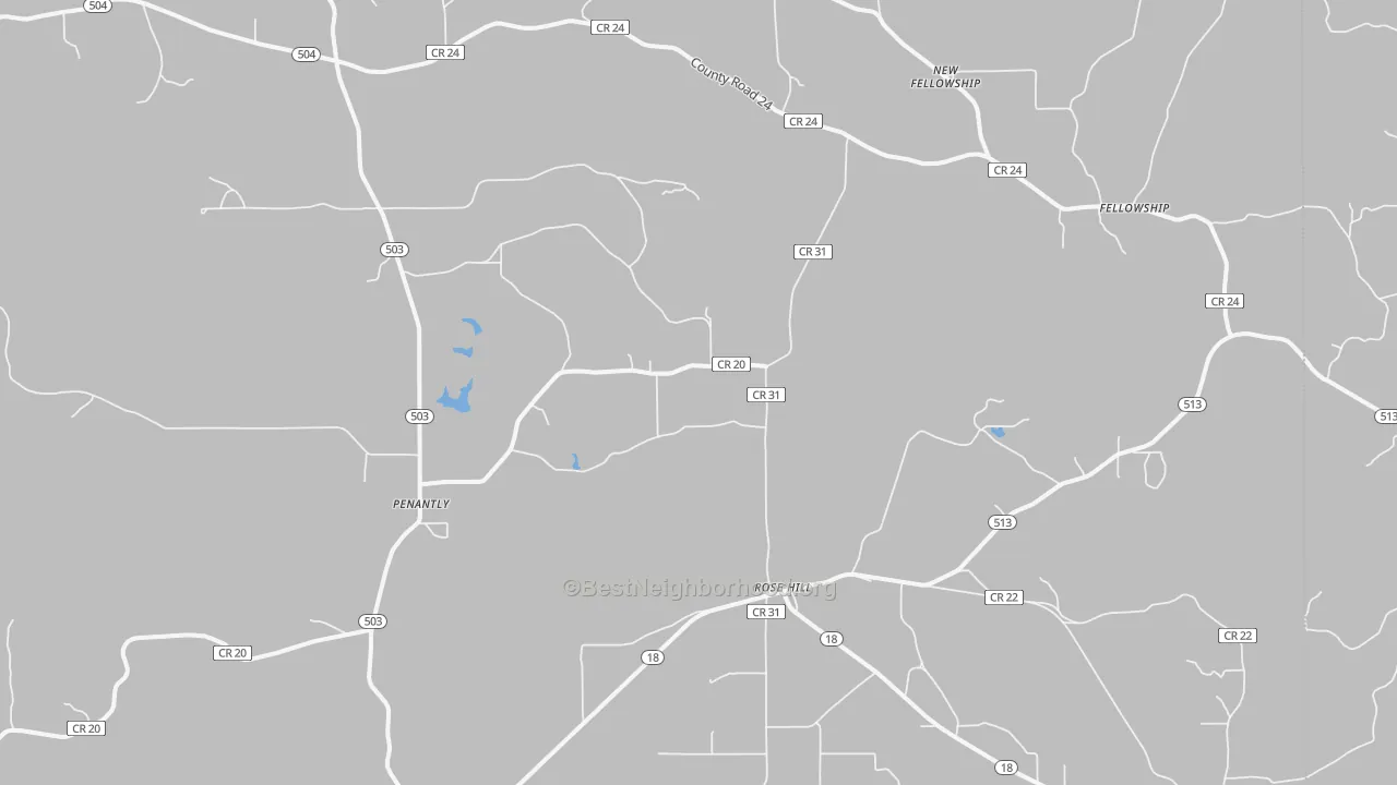 Walk Grade map of Rose Hill, MS, walkable areas in green and car-dependent areas in red