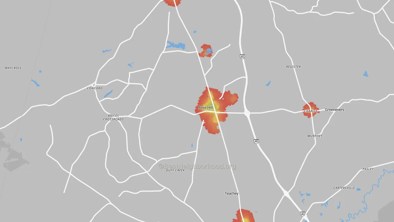 Walk Grade map of Rose Hill, NC, walkable areas in green and car-dependent areas in red
