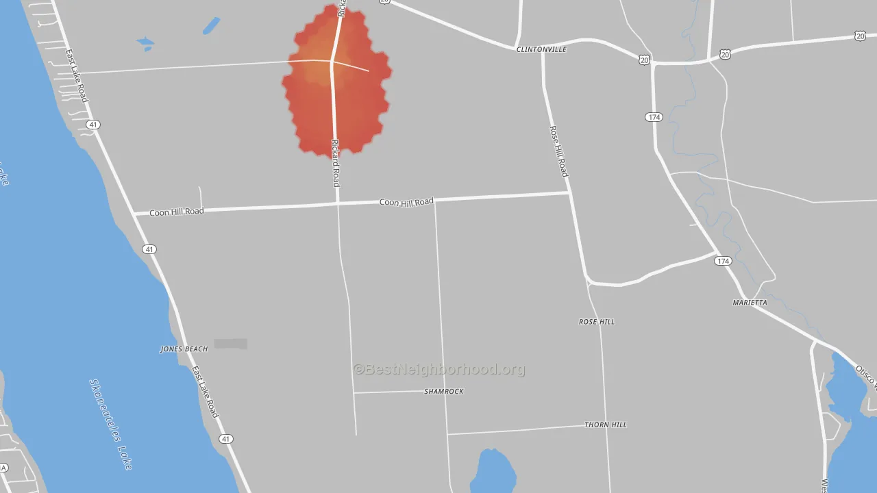 Walk Grade map of Rose Hill, NY, walkable areas in green and car-dependent areas in red