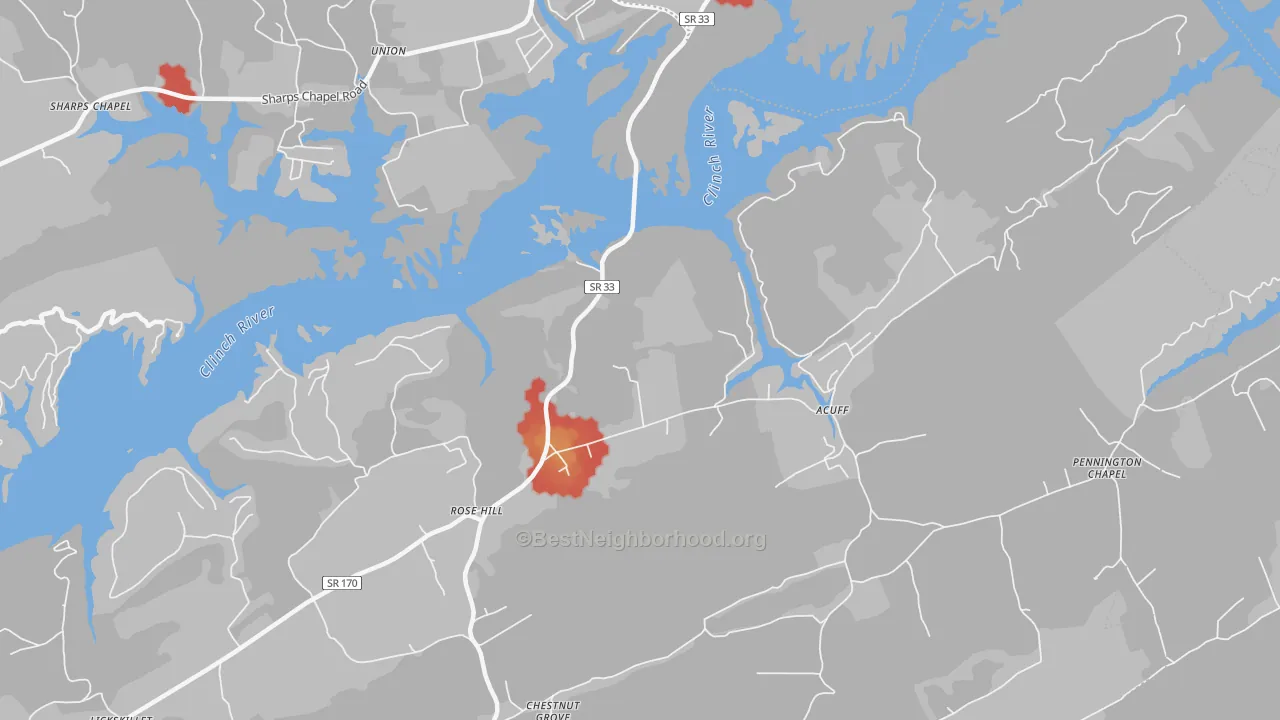 Walk Grade map of Rose Hill, TN, walkable areas in green and car-dependent areas in red