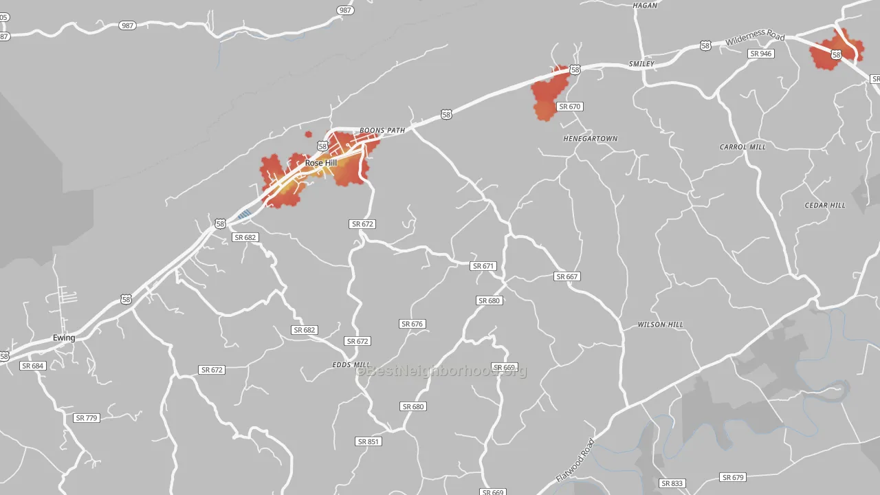 Walk Grade map of Rose Hill, VA, walkable areas in green and car-dependent areas in red