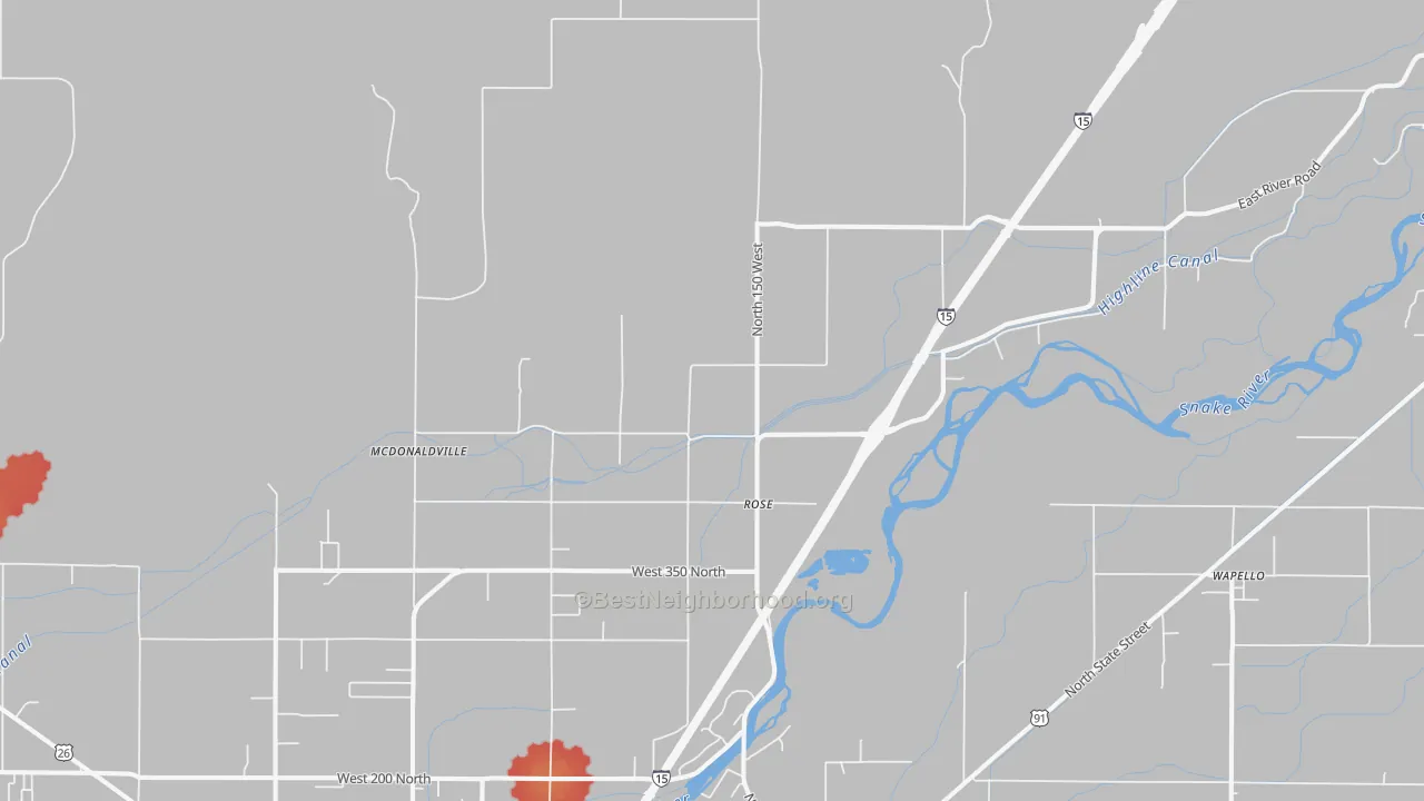 Walk Grade map of Rose, ID, walkable areas in green and car-dependent areas in red