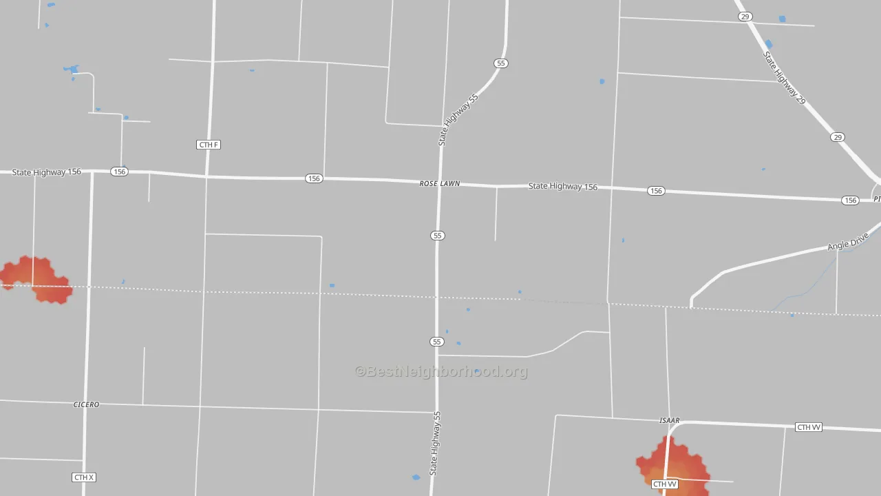 Walk Grade map of Rose Lawn, WI, walkable areas in green and car-dependent areas in red