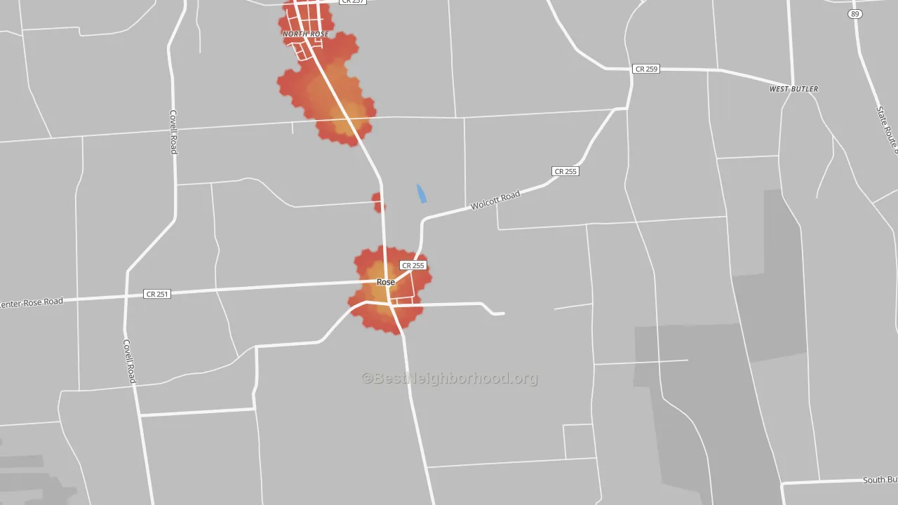 Walk Grade map of Rose, NY, walkable areas in green and car-dependent areas in red