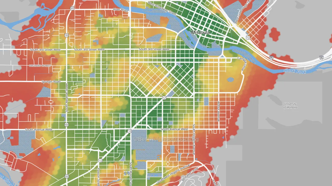 Walk Grade map of Rose Park, Missoula, MT, walkable areas in green and car-dependent areas in red