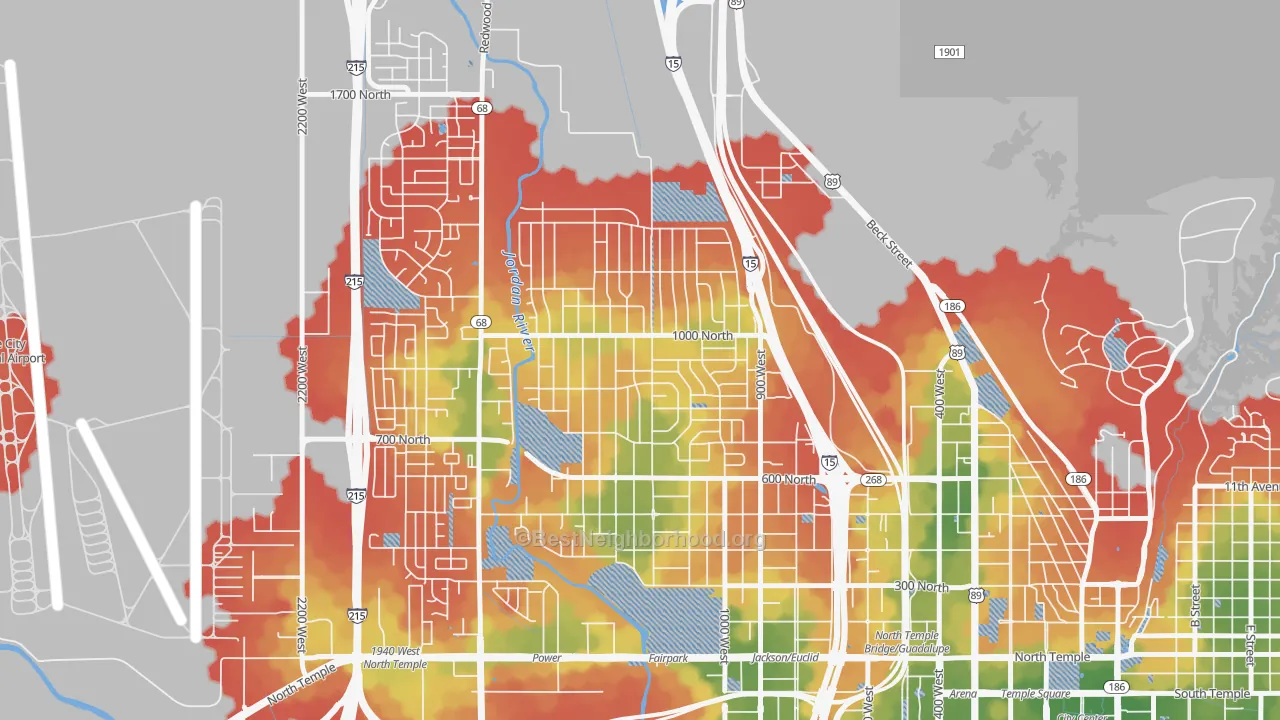 Walk Grade map of Rose Park, Salt Lake City, UT, walkable areas in green and car-dependent areas in red