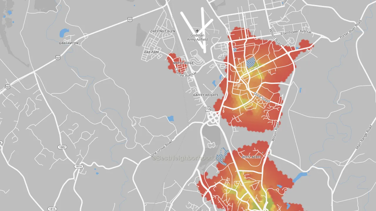 Walk Grade map of Rose Terrace, KY, walkable areas in green and car-dependent areas in red