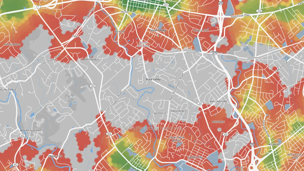 Walk Grade map of Rose Valley, PA, walkable areas in green and car-dependent areas in red