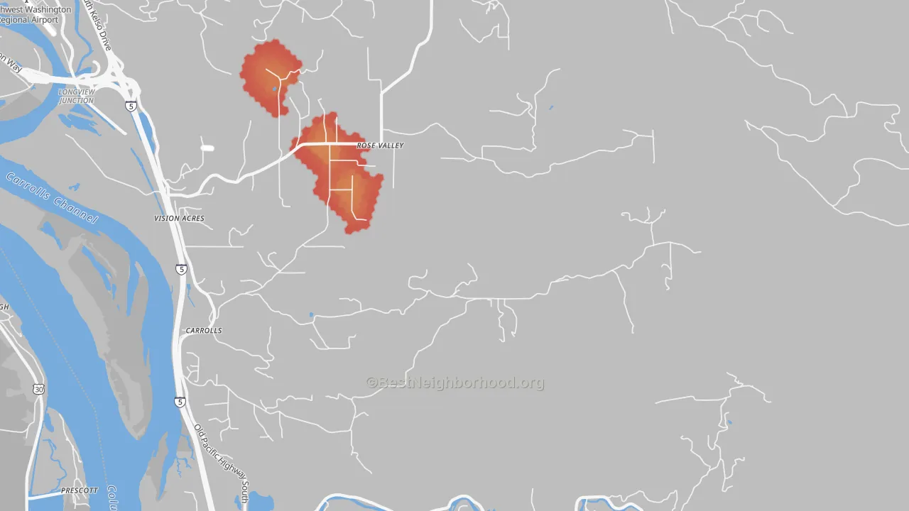 Walk Grade map of Rose Valley, WA, walkable areas in green and car-dependent areas in red