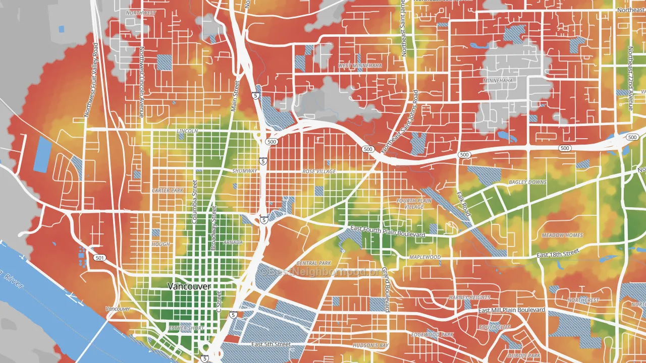 Walk Grade map of Rose Village, Vancouver, WA, walkable areas in green and car-dependent areas in red