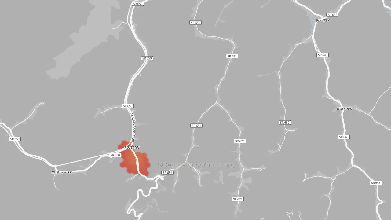 Walk Grade map of Roseann, VA, walkable areas in green and car-dependent areas in red