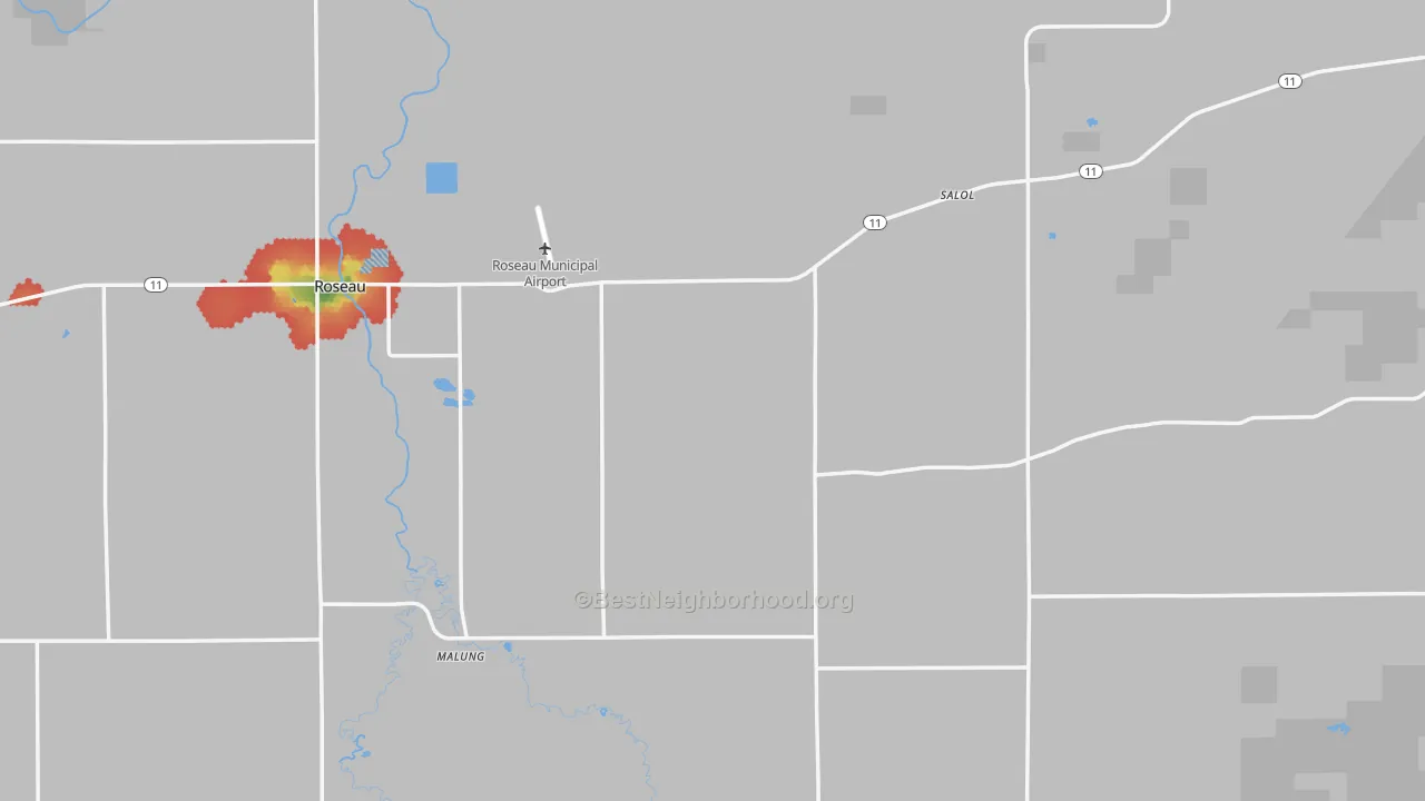 Walk Grade map of Roseau County, MN, walkable areas in green and car-dependent areas in red