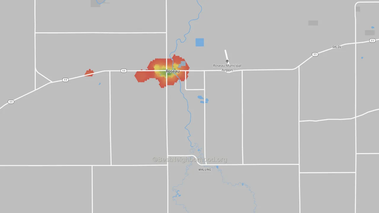 Walk Grade map of Roseau, MN, walkable areas in green and car-dependent areas in red