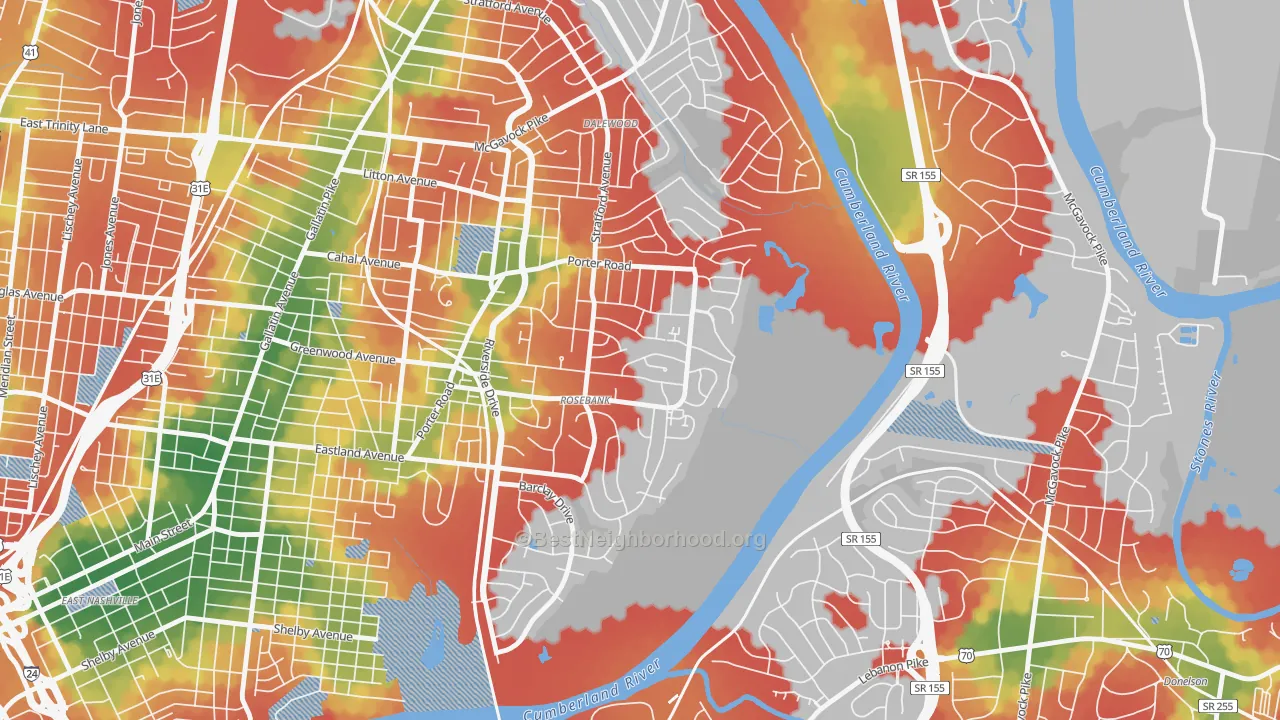 Walk Grade map of Rosebank, Nashville, TN, walkable areas in green and car-dependent areas in red