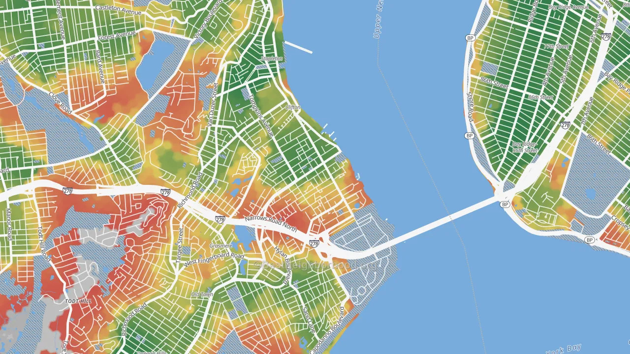 Walk Grade map of Rosebank, Staten Island, NY, walkable areas in green and car-dependent areas in red