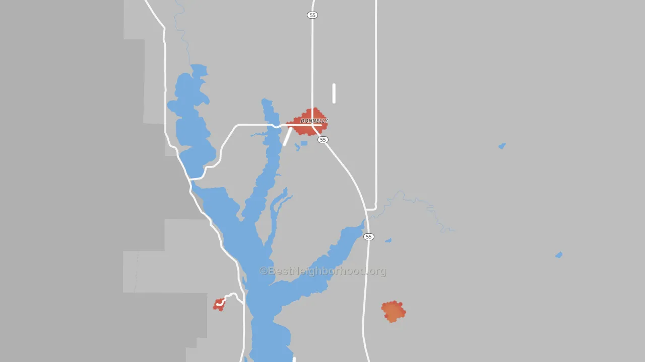 Walk Grade map of Roseberry, ID, walkable areas in green and car-dependent areas in red