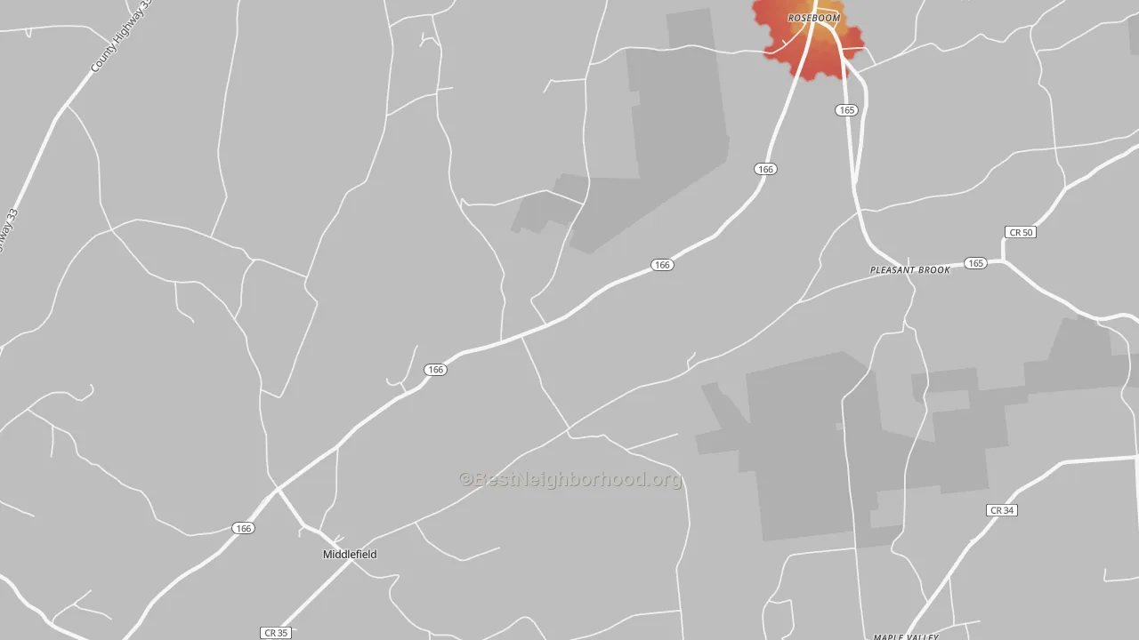 Walk Grade map of Roseboom, NY, walkable areas in green and car-dependent areas in red