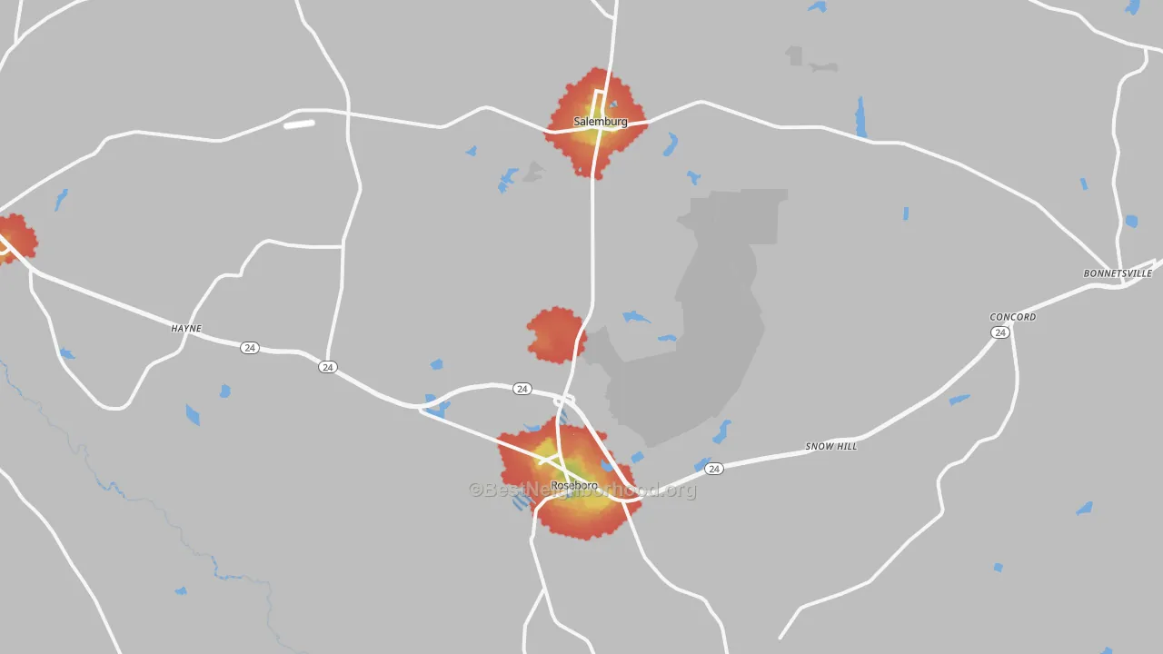 Walk Grade map of Roseboro, NC, walkable areas in green and car-dependent areas in red