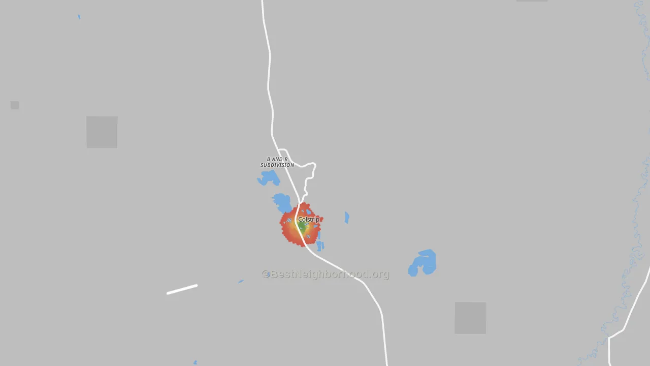 Walk Grade map of Rosebud County, MT, walkable areas in green and car-dependent areas in red