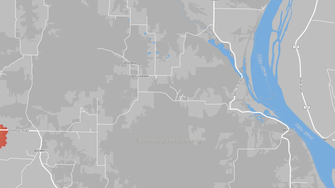 Walk Grade map of Rosebud, IL, walkable areas in green and car-dependent areas in red