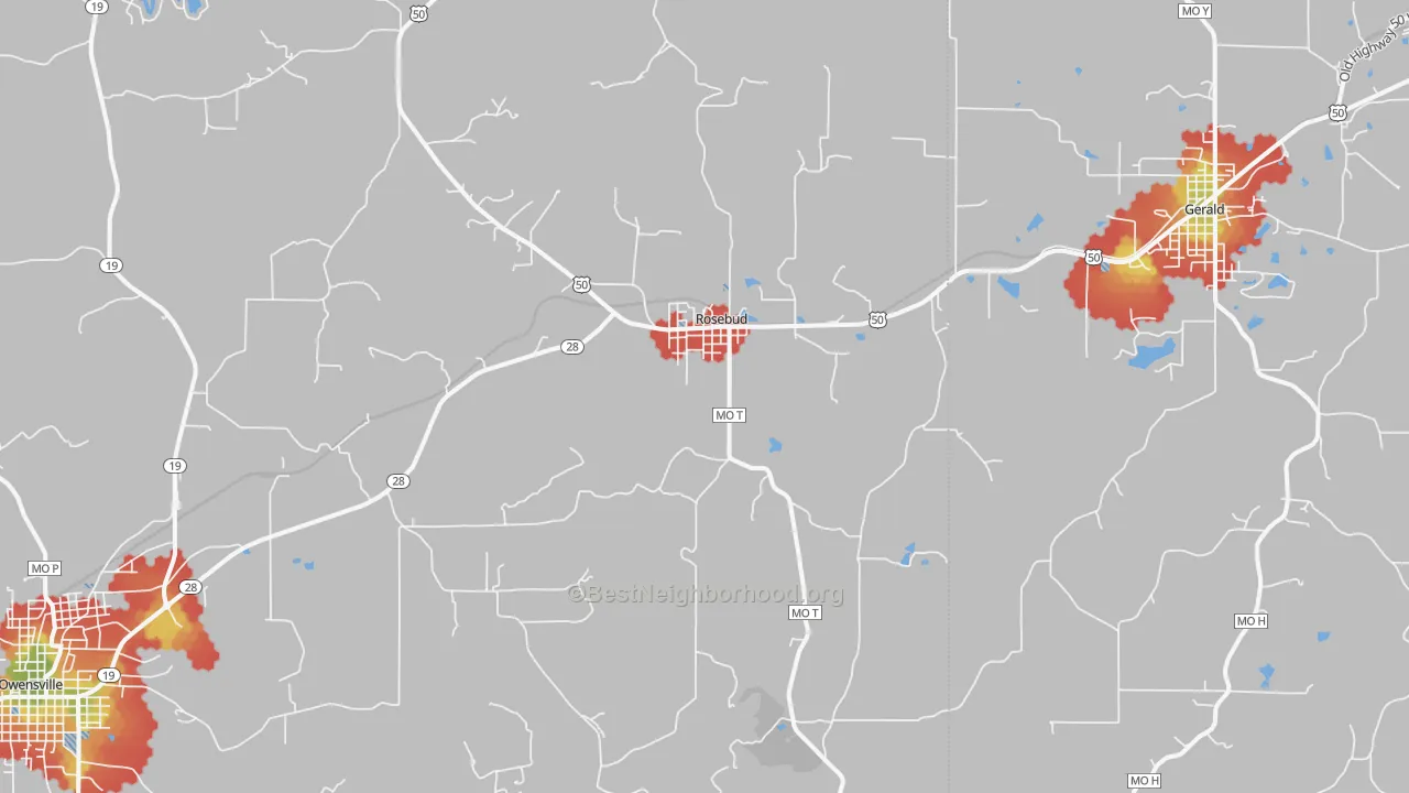 Walk Grade map of Rosebud, MO, walkable areas in green and car-dependent areas in red