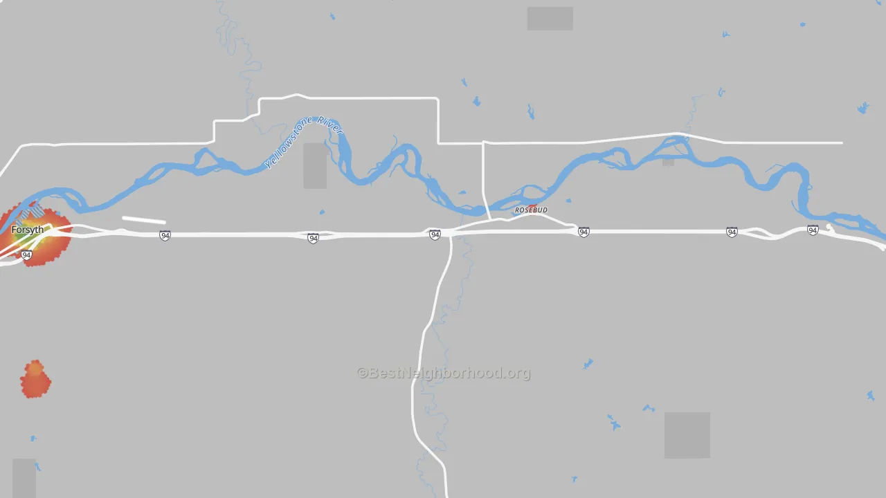 Walk Grade map of Rosebud, MT, walkable areas in green and car-dependent areas in red