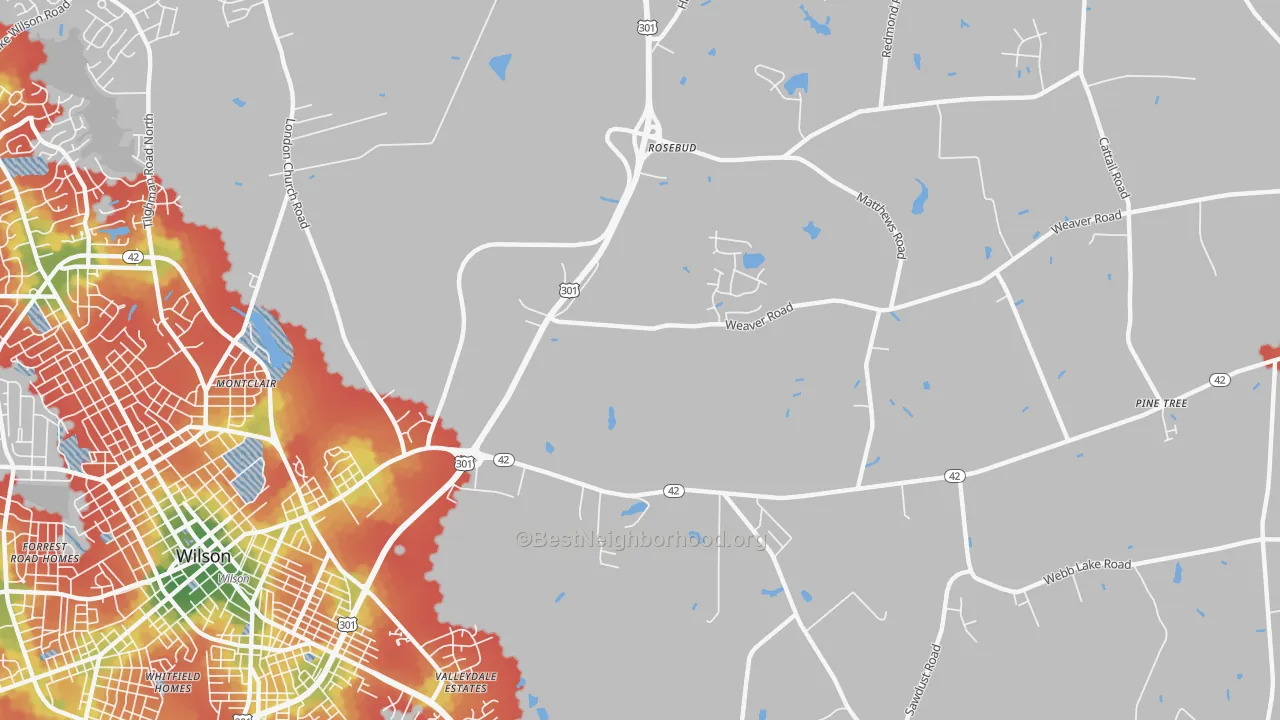 Walk Grade map of Rosebud, NC, walkable areas in green and car-dependent areas in red
