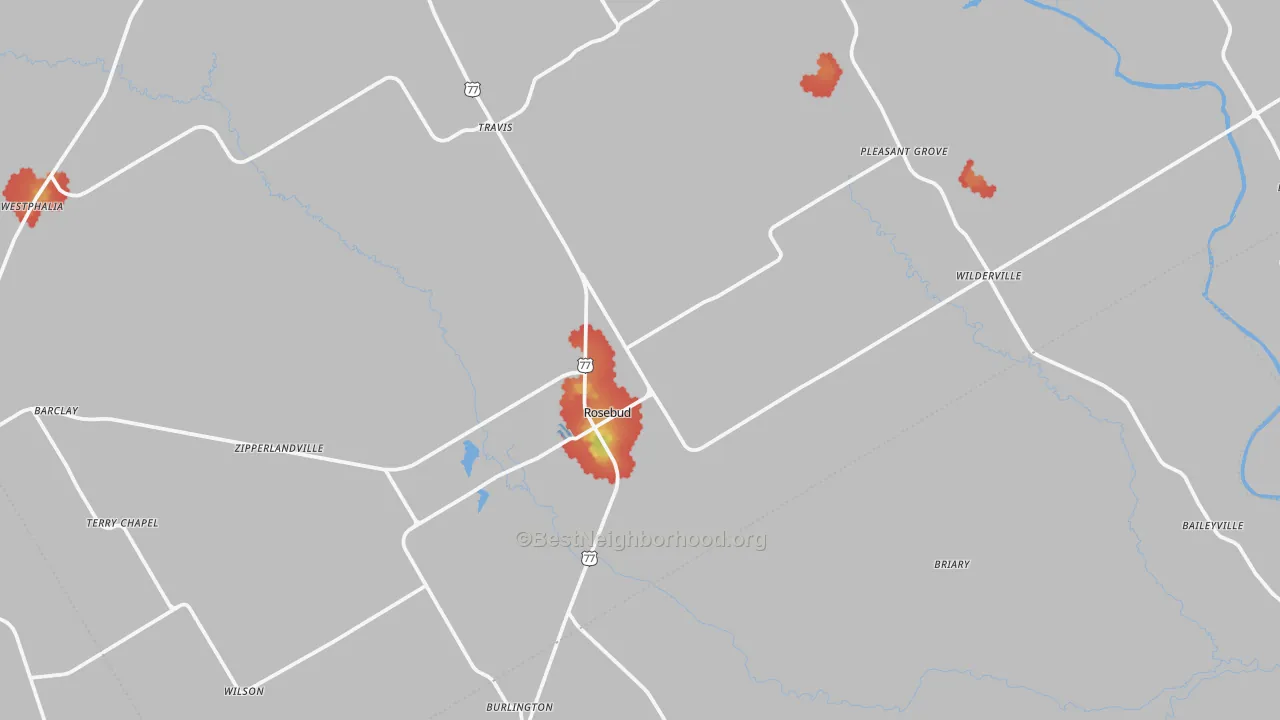Walk Grade map of Rosebud, TX, walkable areas in green and car-dependent areas in red