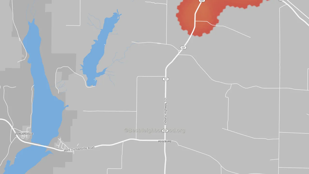 Walk Grade map of Roseburg, IN, walkable areas in green and car-dependent areas in red