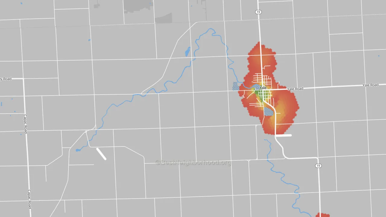 Walk Grade map of Roseburg, MI, walkable areas in green and car-dependent areas in red