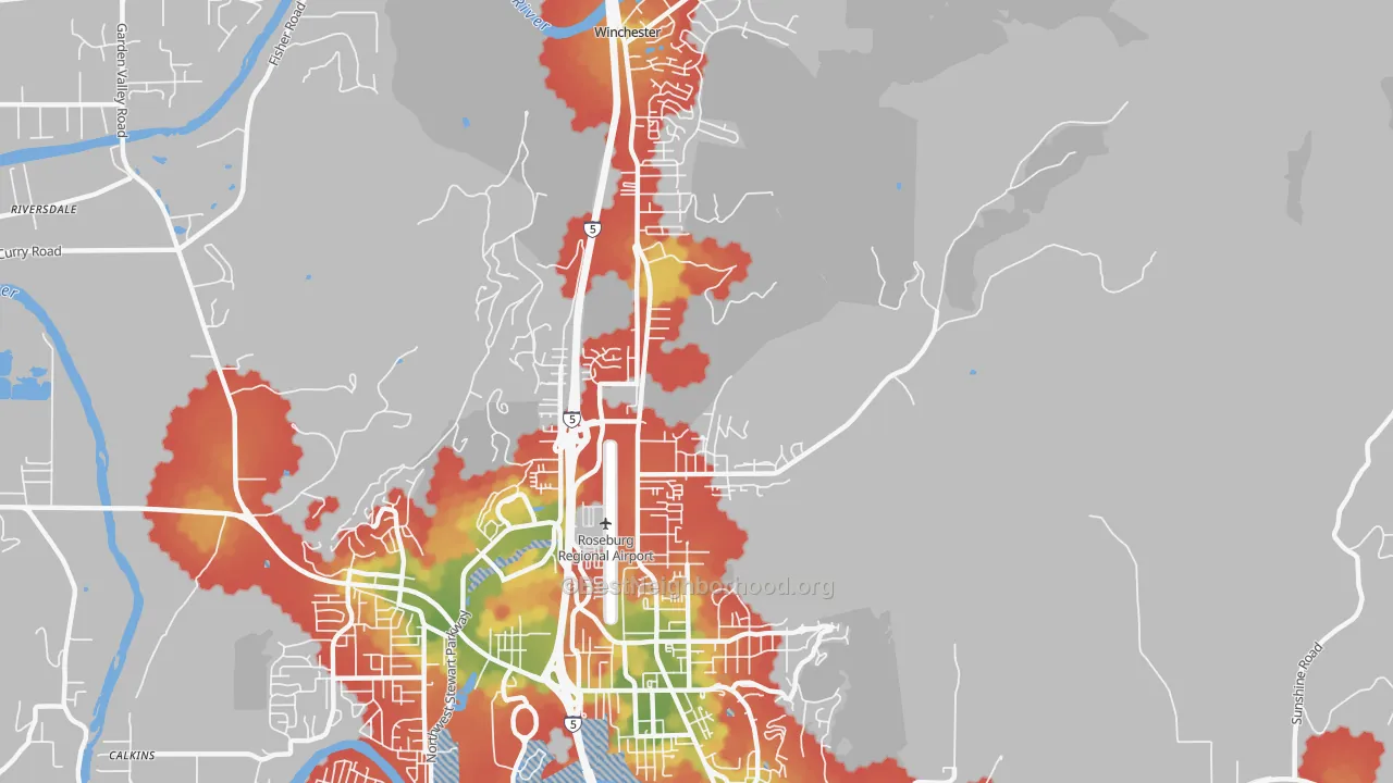 Walk Grade map of Roseburg North, OR, walkable areas in green and car-dependent areas in red
