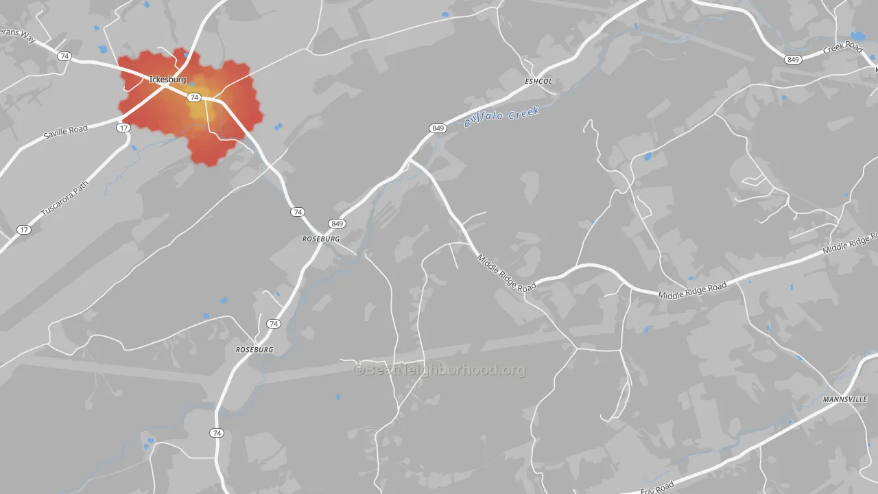 Walk Grade map of Roseburg, PA, walkable areas in green and car-dependent areas in red