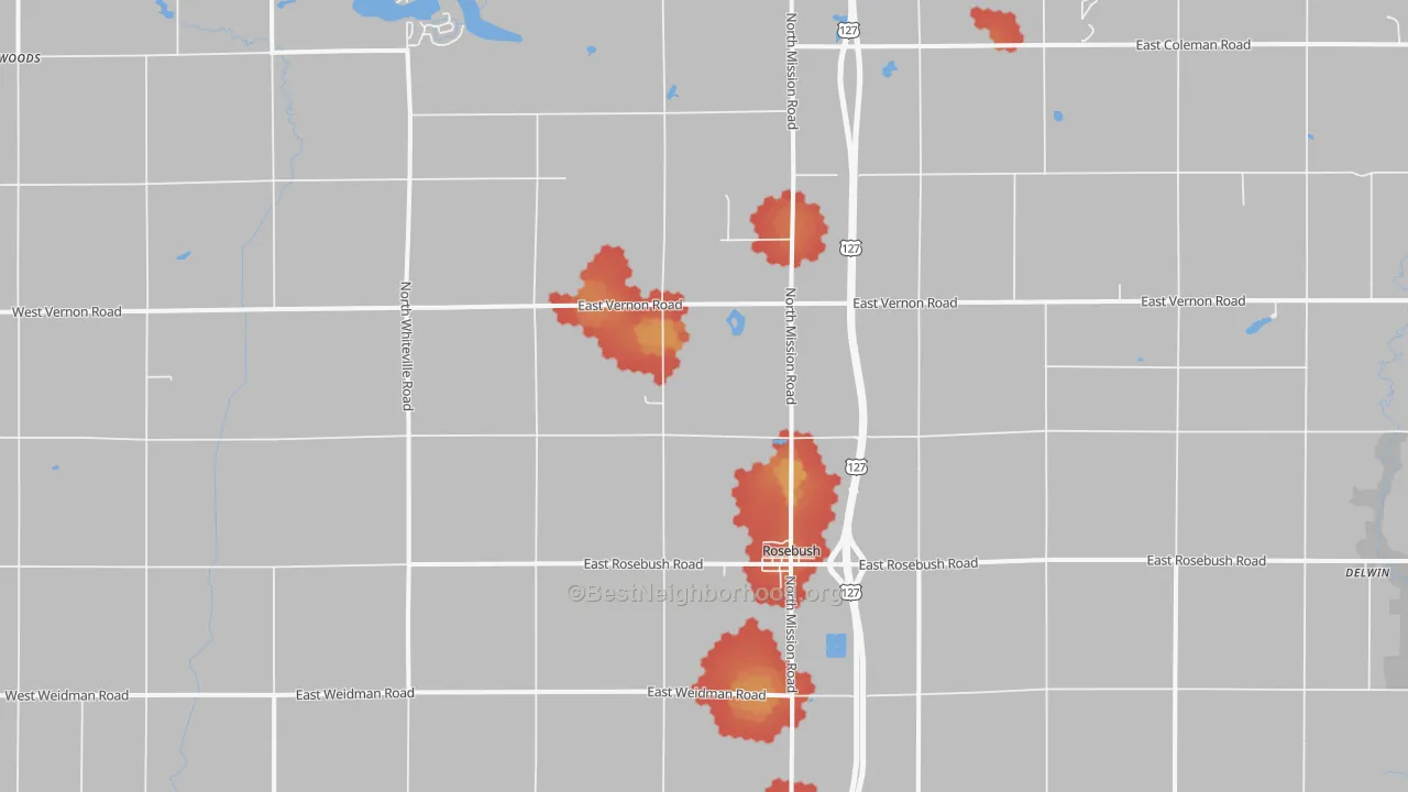Walk Grade map of Rosebush, MI, walkable areas in green and car-dependent areas in red