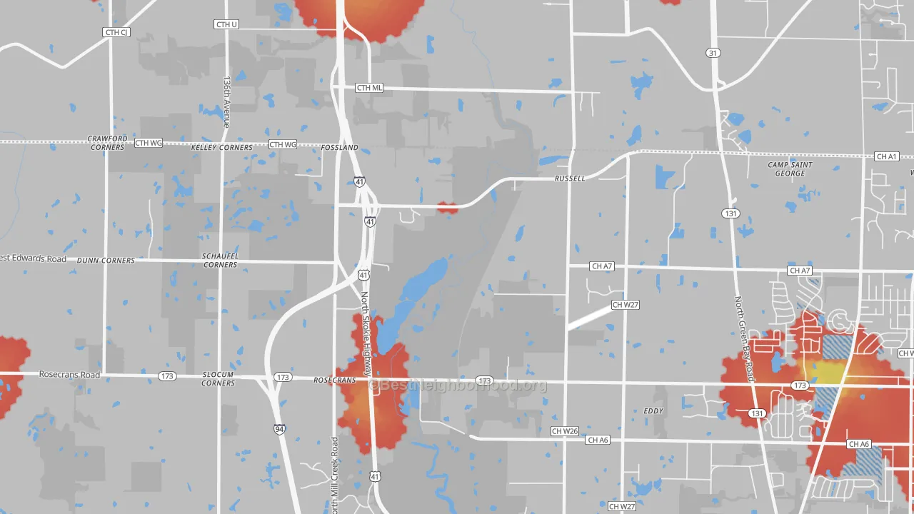 Walk Grade map of Rosecrans, IL, walkable areas in green and car-dependent areas in red