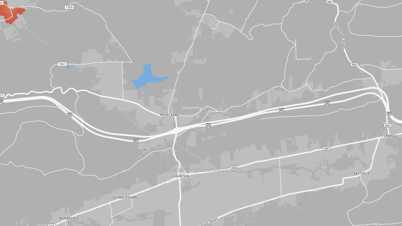 Walk Grade map of Rosecrans, PA, walkable areas in green and car-dependent areas in red