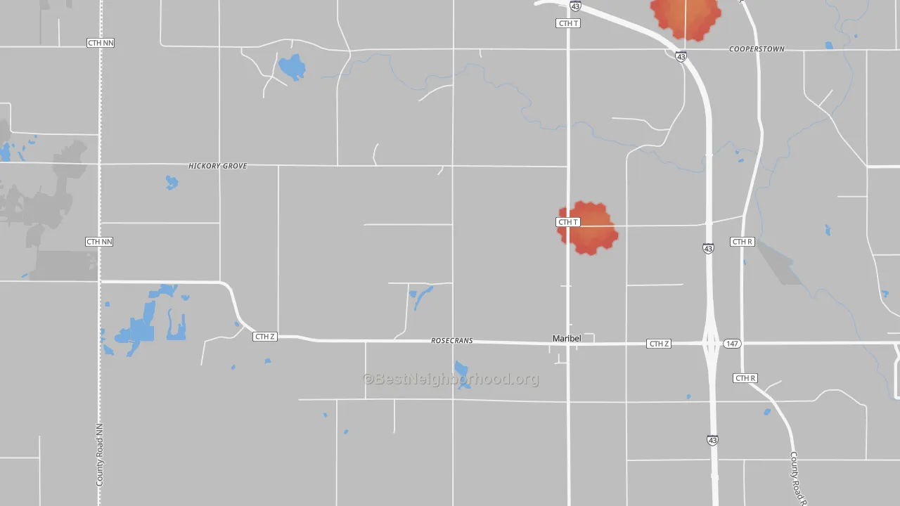 Walk Grade map of Rosecrans, WI, walkable areas in green and car-dependent areas in red