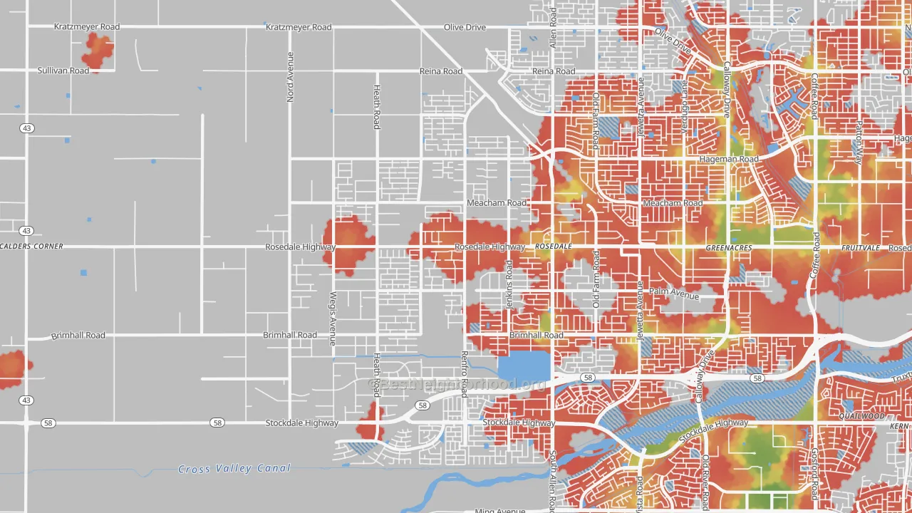Walk Grade map of Rosedale, Bakersfield, CA, walkable areas in green and car-dependent areas in red