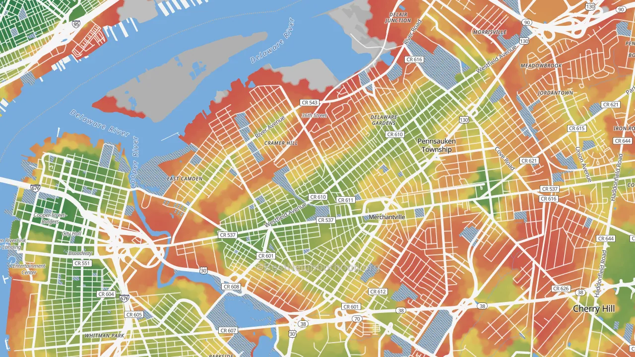 Walk Grade map of Rosedale, Camden, NJ, walkable areas in green and car-dependent areas in red