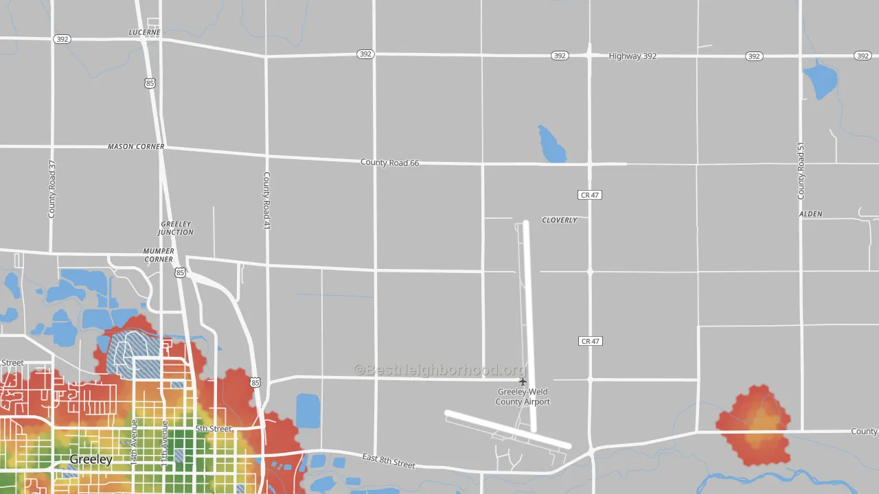 Walk Grade map of Rosedale, CO, walkable areas in green and car-dependent areas in red