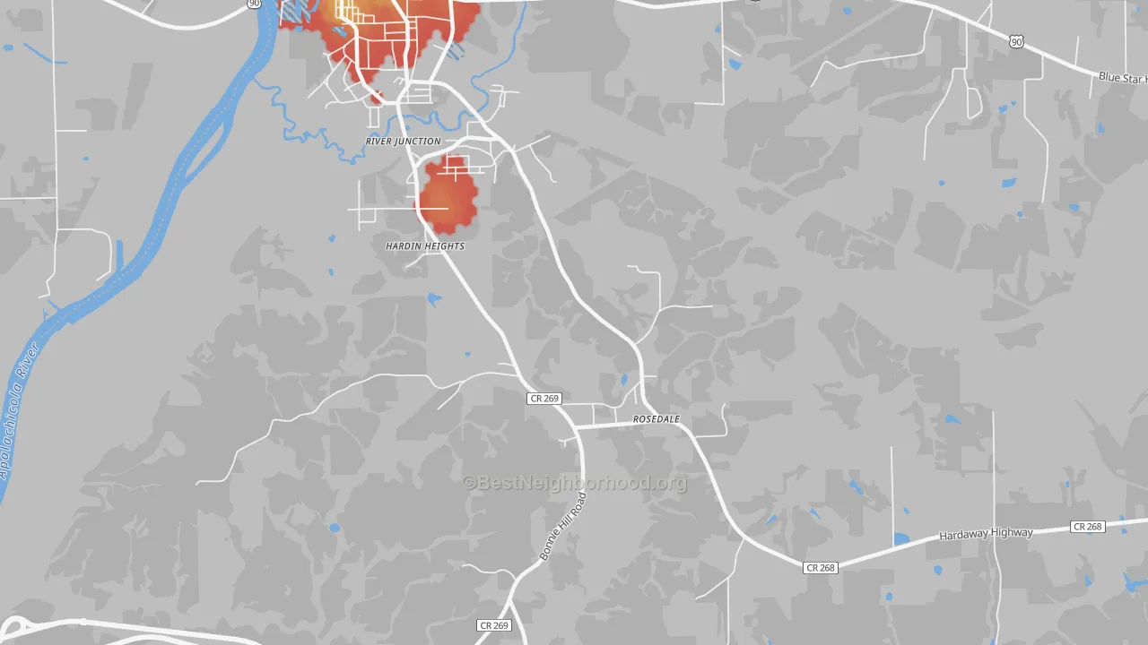 Walk Grade map of Rosedale, FL, walkable areas in green and car-dependent areas in red