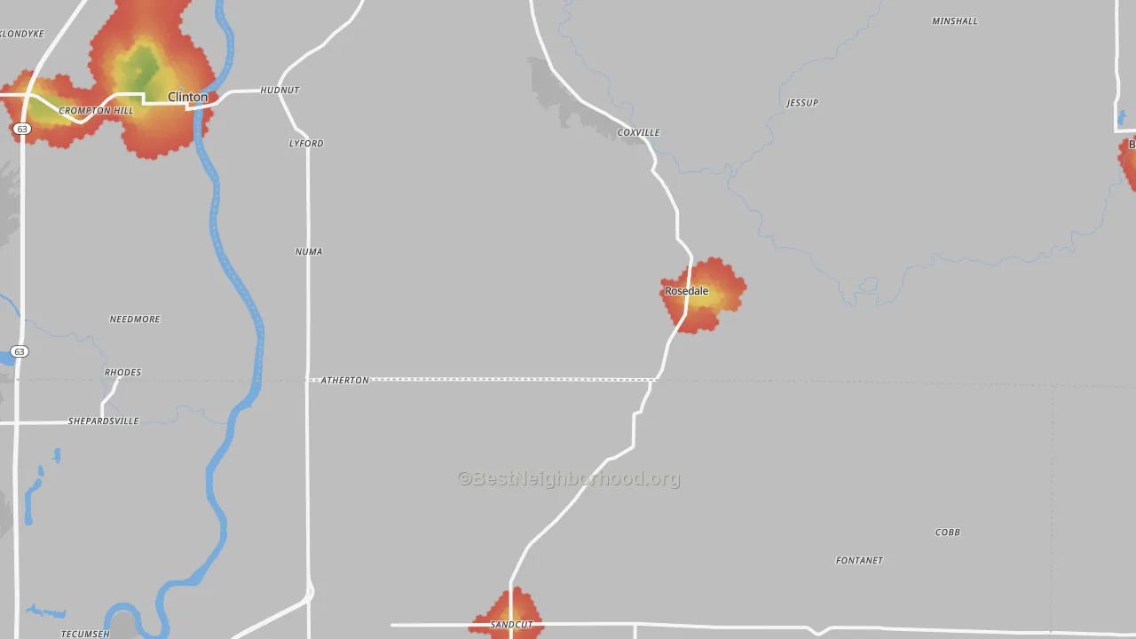 Walk Grade map of Rosedale, IN, walkable areas in green and car-dependent areas in red