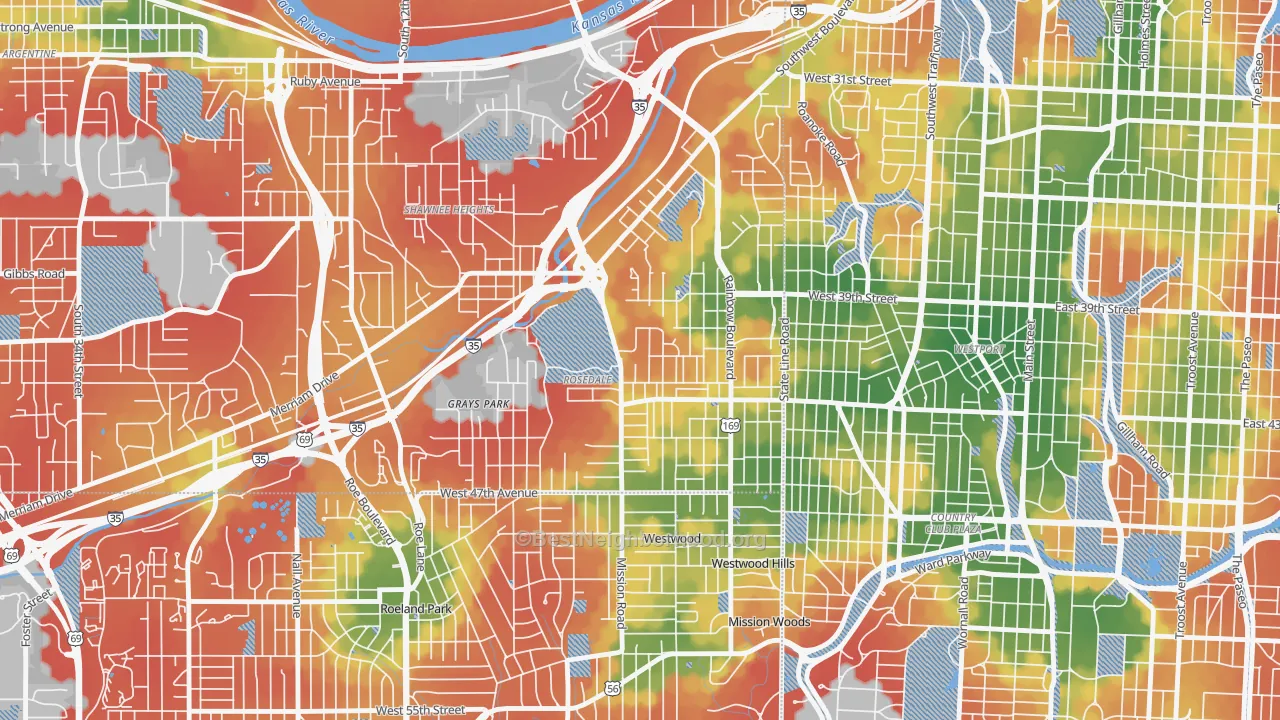 Walk Grade map of Rosedale, Kansas City, KS, walkable areas in green and car-dependent areas in red