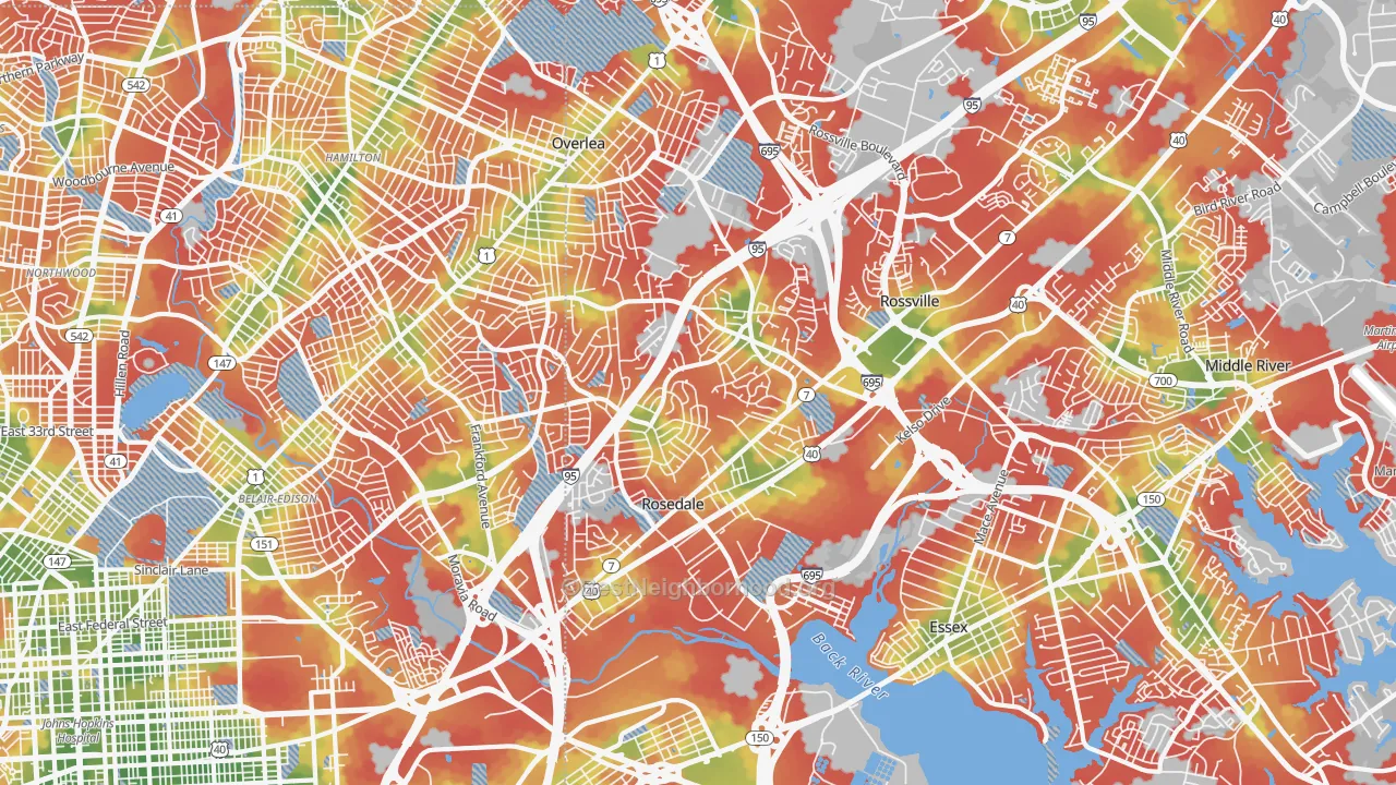 Walk Grade map of Rosedale, MD, walkable areas in green and car-dependent areas in red