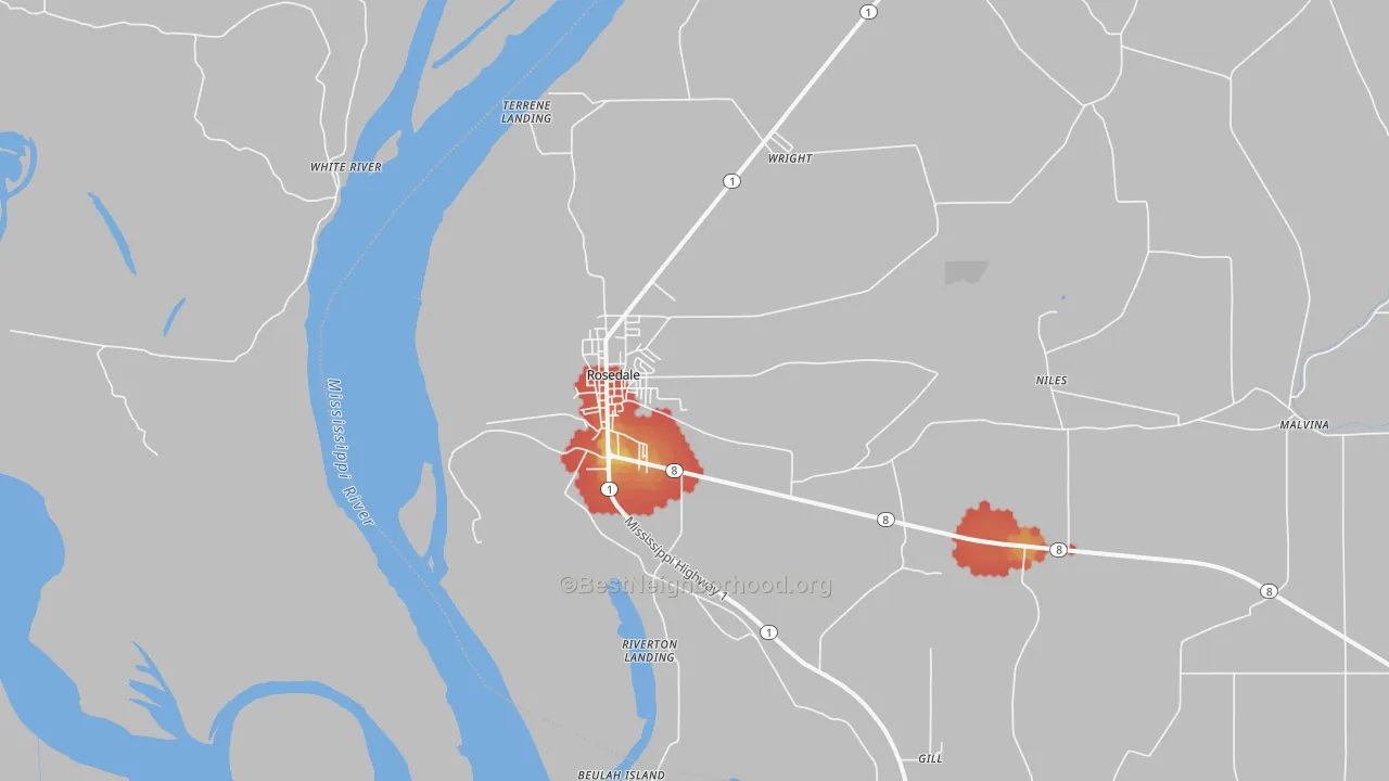 Walk Grade map of Rosedale, MS, walkable areas in green and car-dependent areas in red
