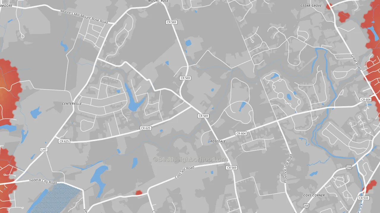 Walk Grade map of Rosedale, NJ, walkable areas in green and car-dependent areas in red