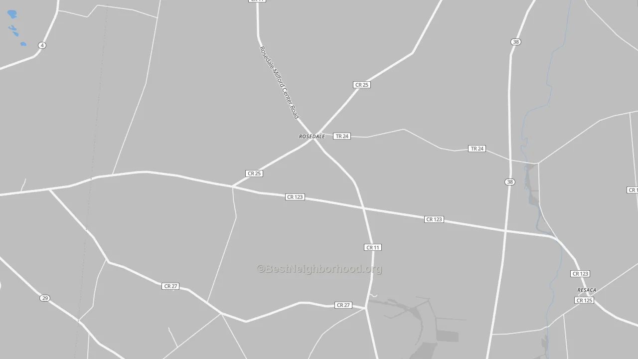 Walk Grade map of Rosedale, OH, walkable areas in green and car-dependent areas in red