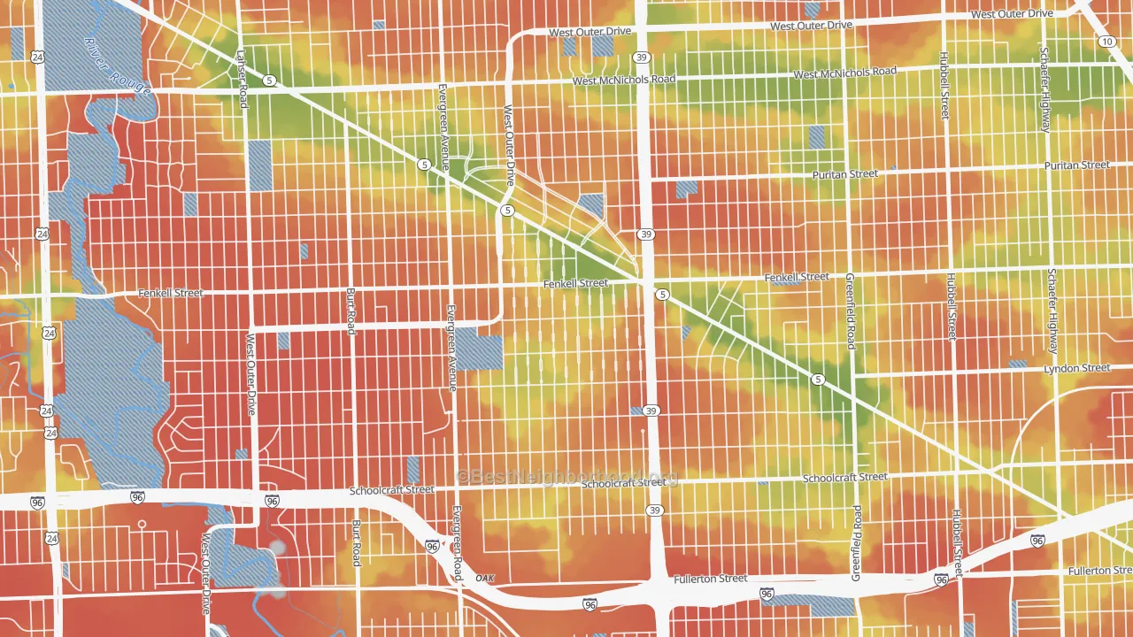 Walk Grade map of Rosedale Park, Detroit, MI, walkable areas in green and car-dependent areas in red