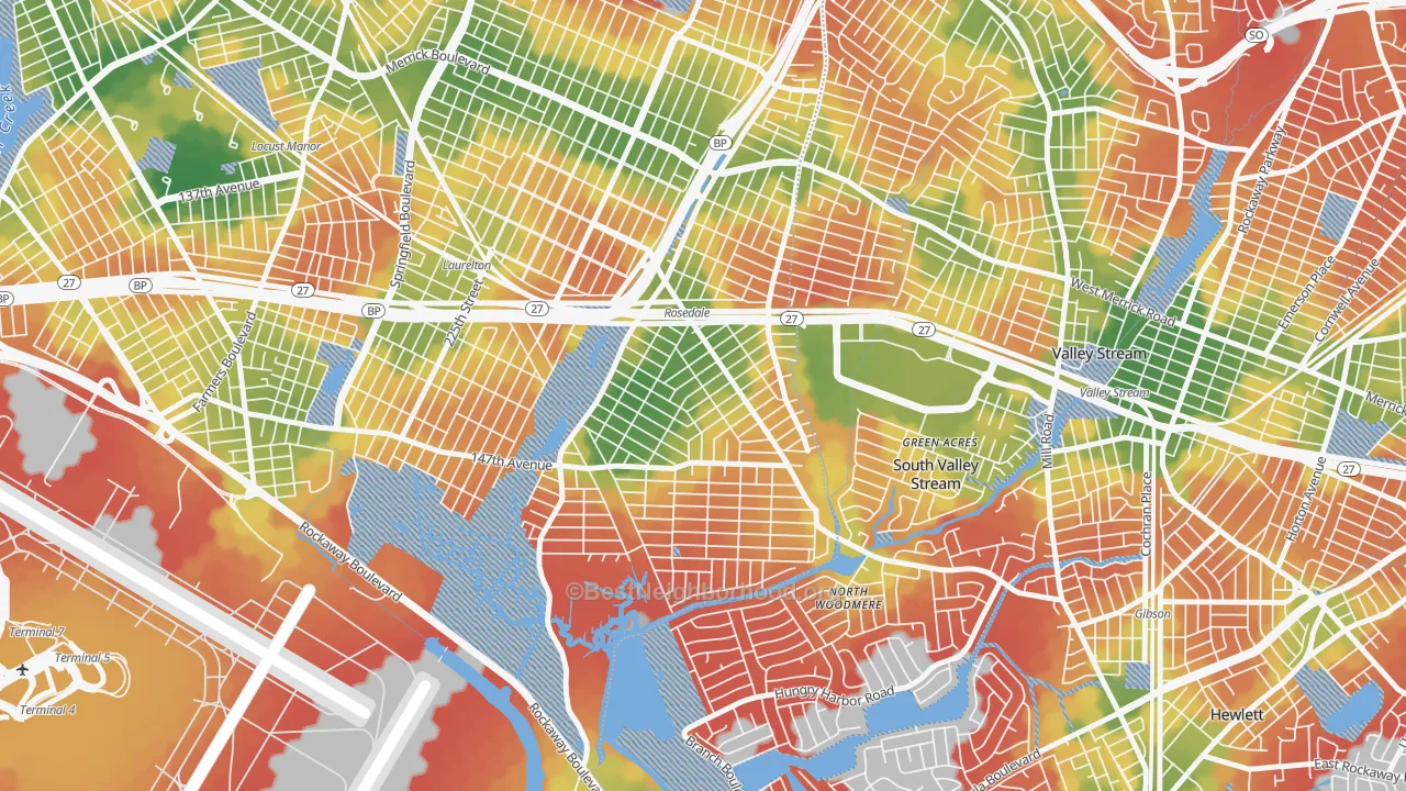 Walk Grade map of Rosedale, Queens, NY, walkable areas in green and car-dependent areas in red