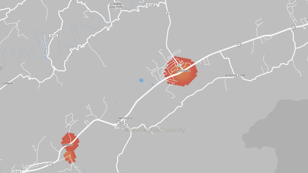 Walk Grade map of Rosedale, VA, walkable areas in green and car-dependent areas in red